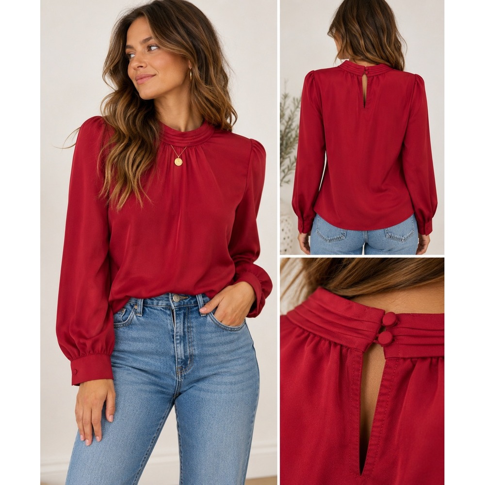 J.Crew Womens Red Satin Mock Neck Long Sleeve Blouse Sz L Career Holiday Party